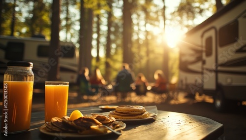 Sunset Camping Breakfast: Pancakes, Juice, and RV Fun