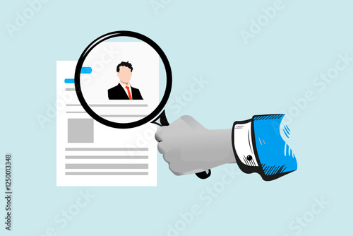 Illustration of a hand holding a magnifying glass over a resume. Concept for recruitment, hiring, human resources, job search, and candidate screening.