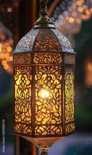 Intricate decorative lantern glowing with warm light, an emblem of celebration and reflection. photo