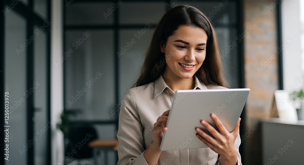 Smiling Businesswoman Using Tablet In Modern Office Smiling Businesswoman Using Tablet In Modern Office