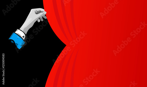Hand Unveiling Red Curtain, Stage, Reveal, Secret, Mystery, Show, Performance, Theater