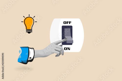 Conceptual illustration of a hand turning on a light switch, illuminating a lightbulb. Metaphor for creativity, innovation, new ideas, and business solutions.