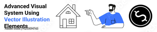 A man points towards a house and a dollar sign, representing financial planning, real estate, property ownership, investment, home buying, monetary decisions, and savings. Ideal for flat landing page