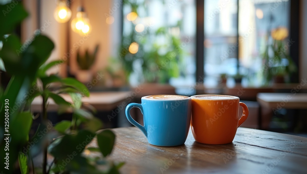 Enjoy Two Cups of Coffee, Latte Art, Cozy Cafe, Wooden Table, Warm Lighting, Relaxing Atmosphere, Indoor Plants, City View, Morning Coffee, Delightful Drinks Enjoy Two Cups of Coffee, Latte Art, Cozy Cafe, Wooden Table, Warm Lighting, Relaxing Atmosphere, Indoor Plants, City View, Morning Coffee, Delightful Drinks