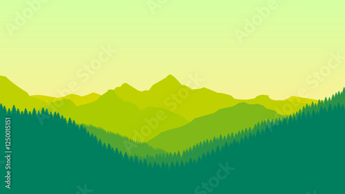 Green mountain landscape wallpaper in a minimalist flat design style. Minimalist beauty background for desktop and wallpaper