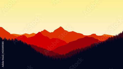 Orange mountain landscape wallpaper in a minimalist flat design style. Minimalist beauty background for desktop and wallpaper