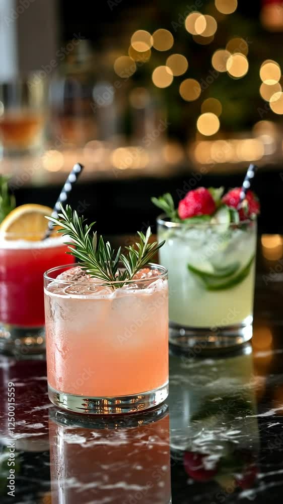 Colorful cocktails arranged on a bar counter with vibrant garnishes and blurred lights in the background Colorful cocktails arranged on a bar counter with vibrant garnishes and blurred lights in the background
