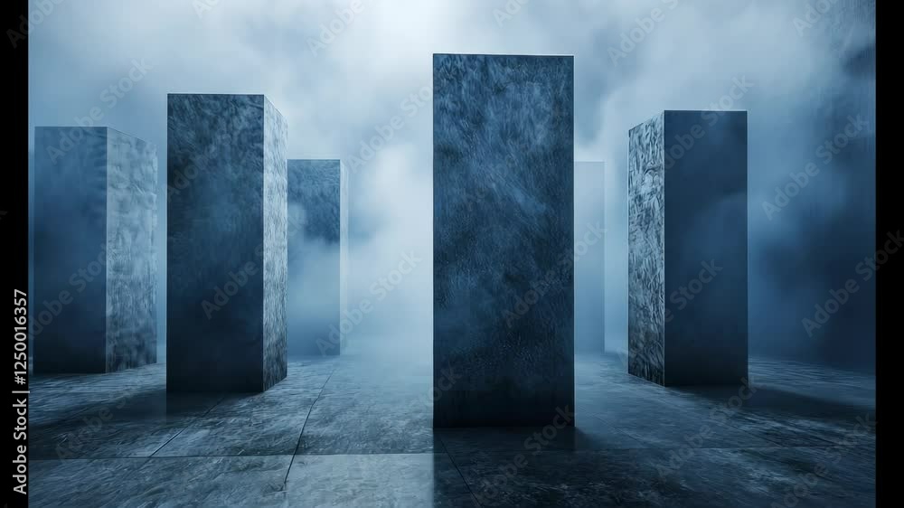 Ethereal Blue Monoliths in a Foggy, Wet Environment Ethereal Blue Monoliths in a Foggy, Wet Environment