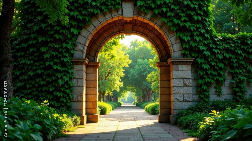 Fototapeta premium Stone archway entrance to a verdant pathway leading through a lush green garden, bathed in sunlight