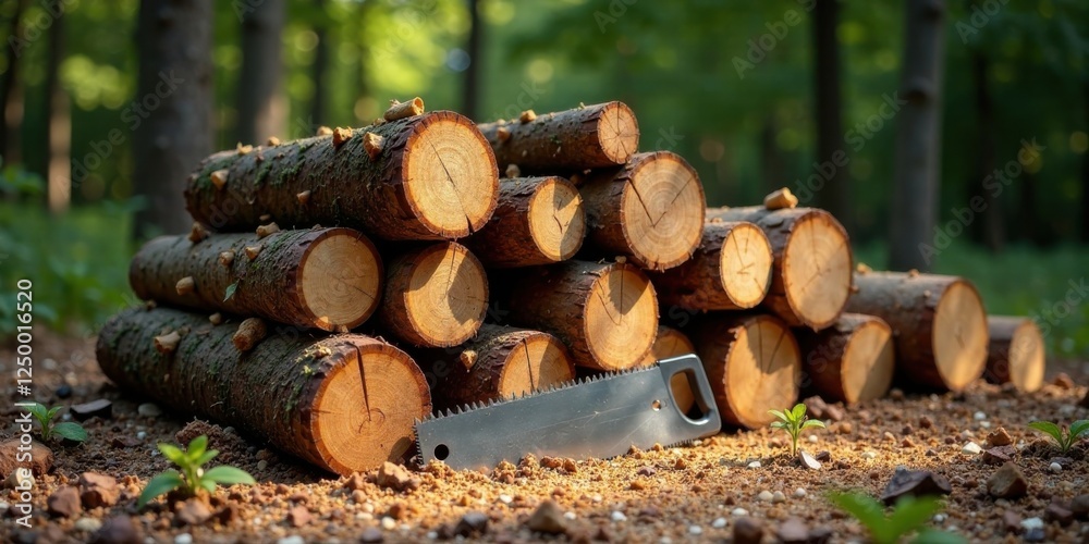 A hand saw rests beside a stack of freshly cut logs in a sun-dappled forest clearing. A hand saw rests beside a stack of freshly cut logs in a sun-dappled forest clearing.