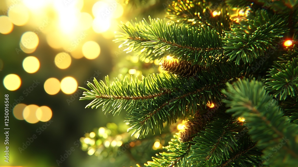 Festive pine branch, golden lights, bokeh Festive pine branch, golden lights, bokeh