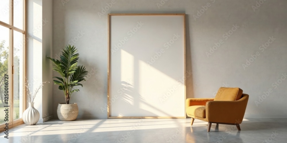 Fototapeta premium Sunlight streams into a minimalist interior showcasing a large blank canvas, a comfortable mustard armchair, and a potted plant, creating a serene and inviting atmosphere.