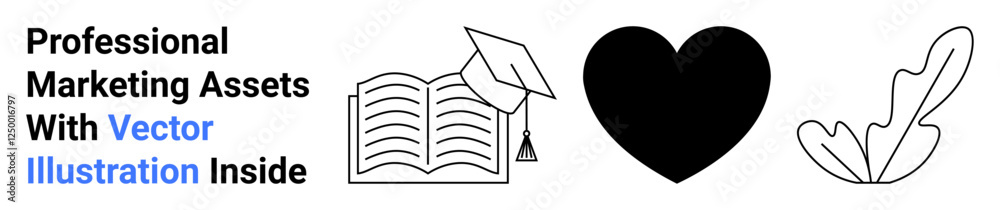 Graduation cap on open book, solid heart, and leaf emphasizing learning, empathy, and nature. Ideal for education, awareness, eco-consciousness, social causes personal growth charity flat landing Graduation cap on open book, solid heart, and leaf emphasizing learning, empathy, and nature. Ideal for education, awareness, eco-consciousness, social causes personal growth charity flat landing