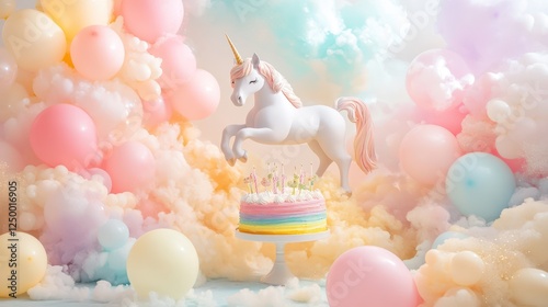 A magical unicorn birthday setup with a pastel backdrop, sparkles, a rainbow cake, and balloons, creating a whimsical, colorful celebration. photo