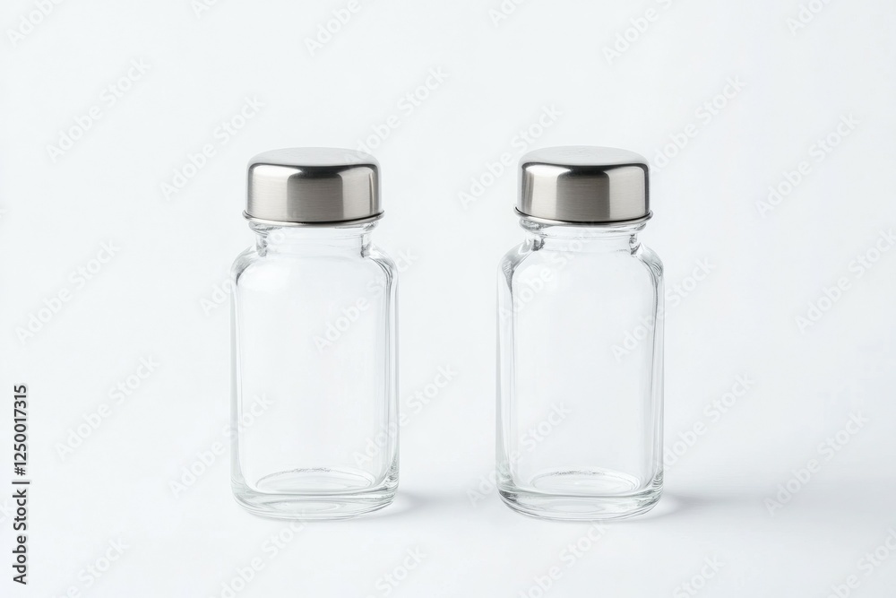 Two clear glass bottles with silver lids Two clear glass bottles with silver lids