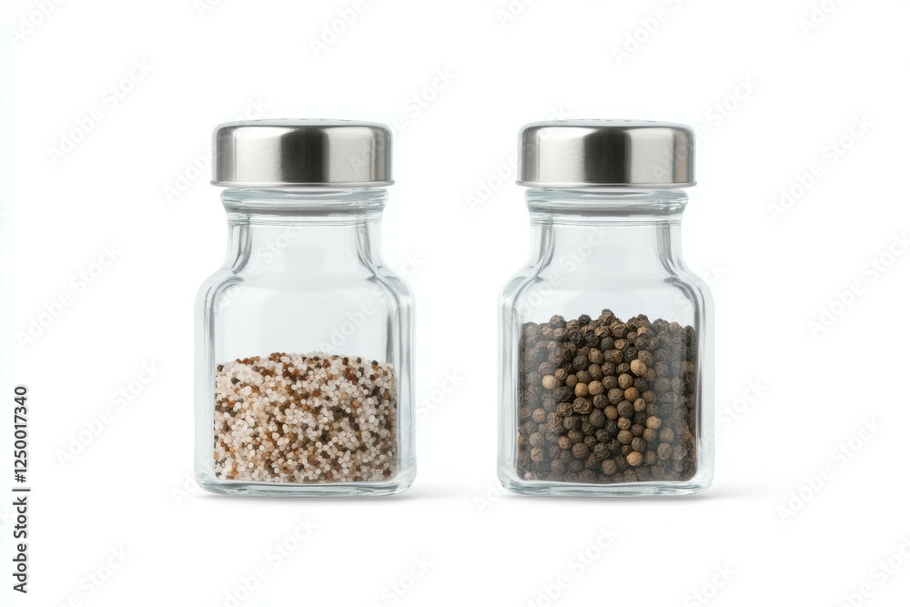 Two glass jars with pepper and salt inside Two glass jars with pepper and salt inside