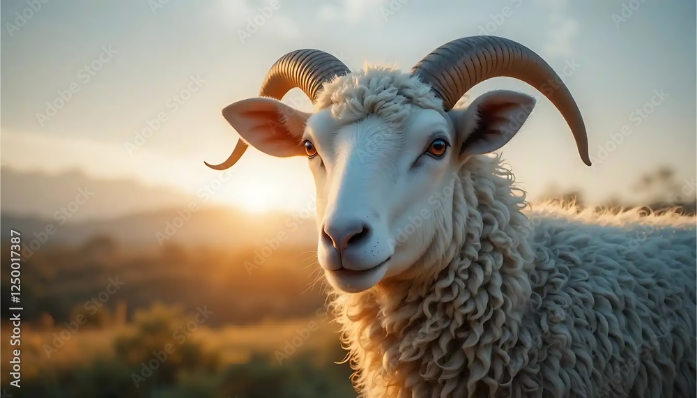 Ram Portrait with Golden Horns at Sunset in a Grassy Field Ram Portrait with Golden Horns at Sunset in a Grassy Field