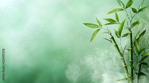 Serene bamboo forest with lush green foliage surrounded by a tranquil zen environment  Peaceful and natural background ideal for wellness relaxation and nature inspired concepts photo