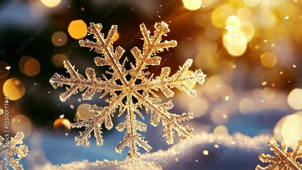 Frosted snowflake gently resting on soft snow during a golden winter sunset Frosted snowflake gently resting on soft snow during a golden winter sunset