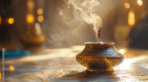 Intricate gold incense burner with smoke creates warm ambience for mindfulness ritual