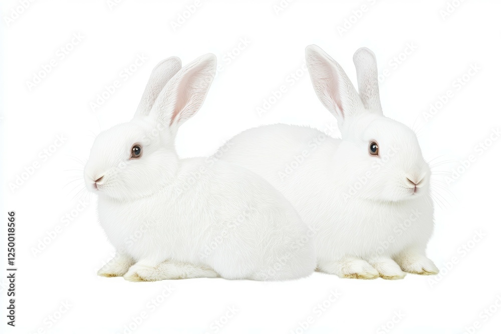 Fototapeta premium Two white rabbits are sitting next to each other on a white background