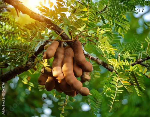 Fresh tamarind fruits on the branches of the tree photo