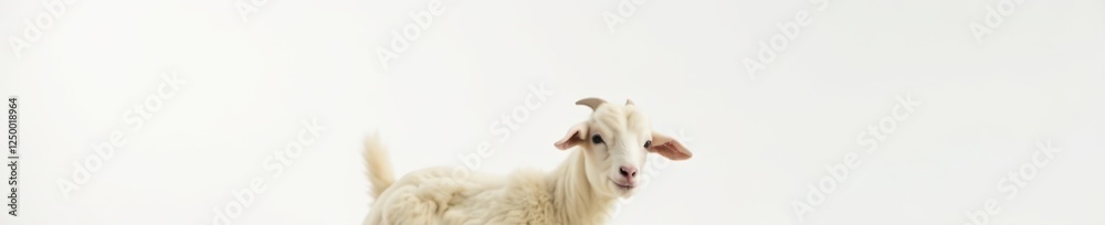 Fototapeta premium Fluffy white goat against pure white backdrop, adult, simple, serene