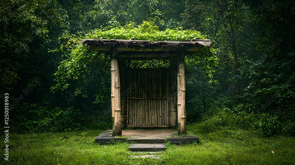 Rustic bamboo hut with thatched roof nestled in the heart of a lush verdant forest Rustic bamboo hut with thatched roof nestled in the heart of a lush verdant forest