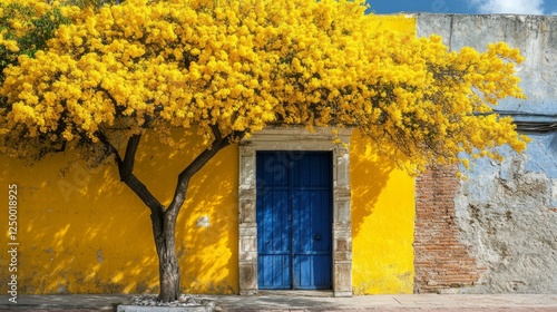 A stunning jacaranda tree bursts with yellow blooms, framed by a weathered blue door on a colonial building, capturing the spirit of Mexico’s sunny atmosphere and rich architecture