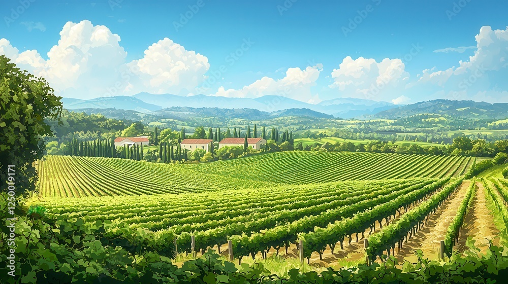 Fototapeta premium Sunny Vineyard Landscape with Rolling Green Hills and Farmhouse