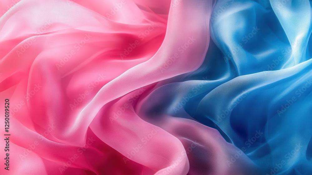 Obraz premium Ethereal abstract background featuring smooth, flowing fabric textures illuminated by glowing neon pink and deep blue hues