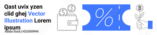 Wallet with coins, a percentage discount ticket, and a hand holding a plant sprout. Ideal for finance, investments, savings, eco-conscious choices, sustainability, discounts and growth concepts