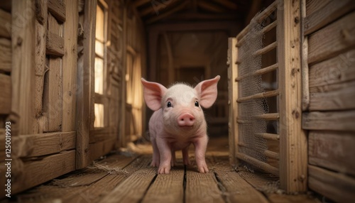 A tiny piglet inside a wooden barn with a mesh enclosure, petting zoo, small piglet, netted enclosure photo