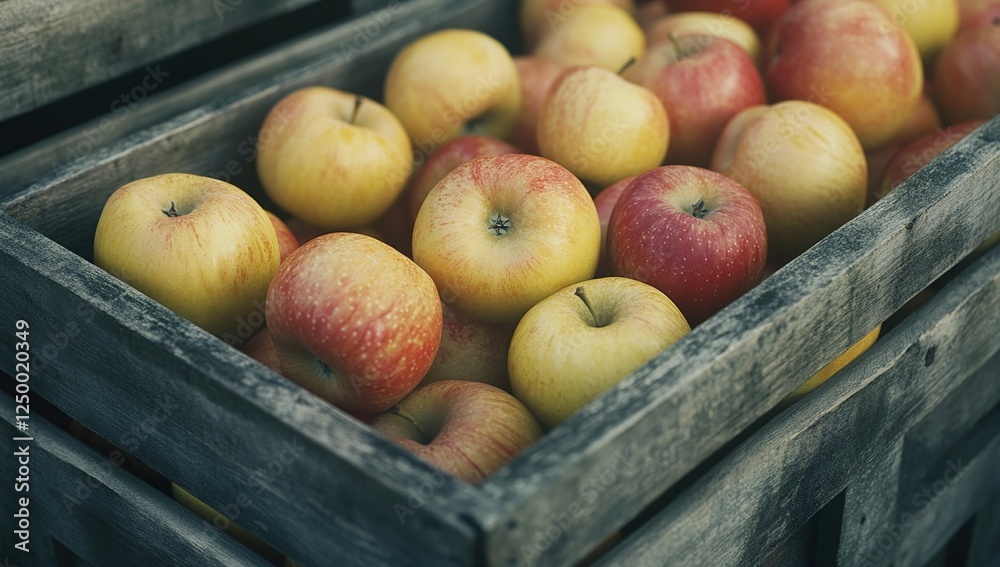 Freshly Harvested Apples in Rustic Wooden Crate, A Colorful Autumn Abundance, Juicy and Sweet Treat. Freshly Harvested Apples in Rustic Wooden Crate, A Colorful Autumn Abundance, Juicy and Sweet Treat.