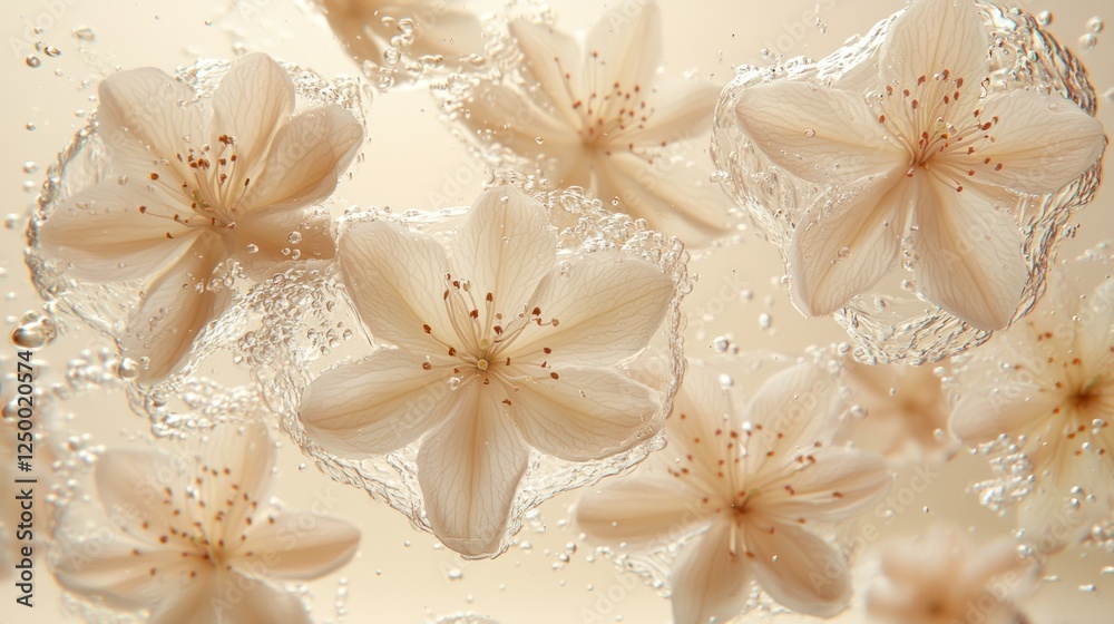 Cream flowers floating, water splash, studio, beauty Cream flowers floating, water splash, studio, beauty