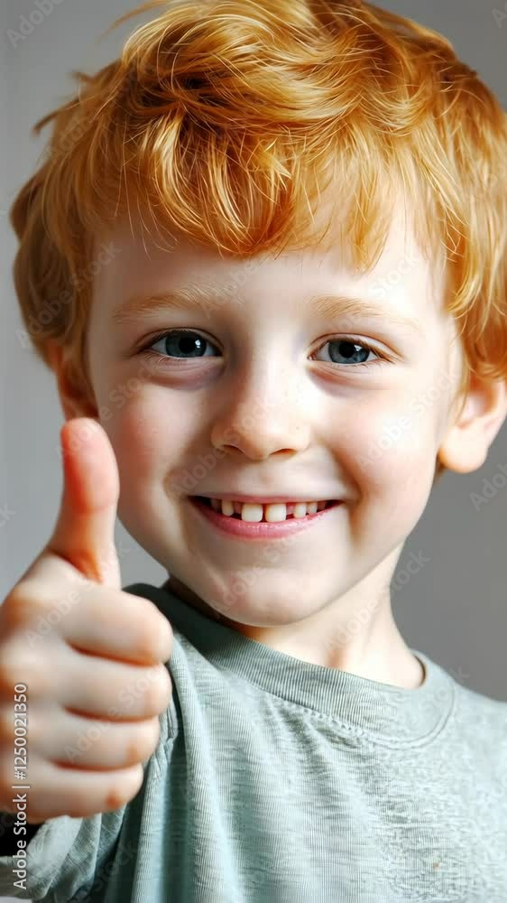 Smiling boy showing thumb up while wearing a gray shirt with soft lighting in a cozy indoor setting Smiling boy showing thumb up while wearing a gray shirt with soft lighting in a cozy indoor setting