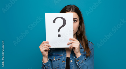 Woman Holding Question Mark Paper Studio Portrait