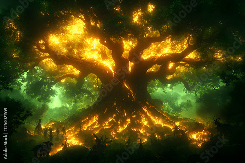 Glowing Magical Tree In Fantasy Forest photo