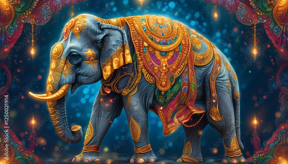 Obraz premium Majestic Indian Elephant Adorned with Golden Jewelry and Art Nouveau-Inspired Motifs, Exuding Grace and Movement