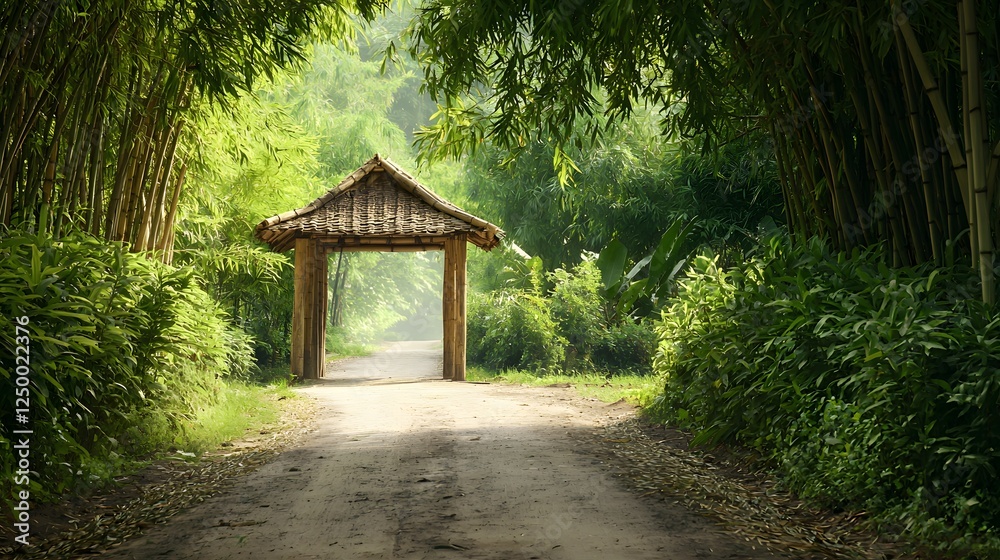 Lush and Verdant Bamboo Forest Trail with an Inviting Wooden Arch Archway Entrance Leading into the Tranquil and Serene Natural Wilderness Lush and Verdant Bamboo Forest Trail with an Inviting Wooden Arch Archway Entrance Leading into the Tranquil and Serene Natural Wilderness