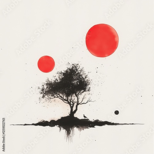 Abstract tree, red suns, minimalist landscape photo