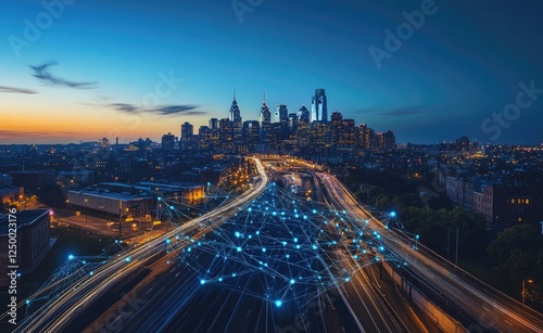 Cityscape at Dusk Showing Network Connections Over Highway