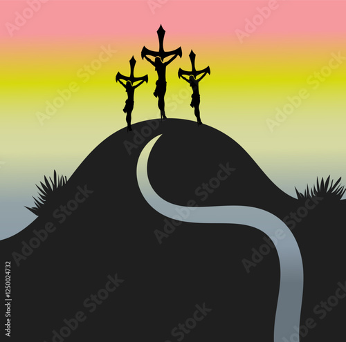 Three Crosses Silhouette Hilltop Sunset Calvary Christian Faith
