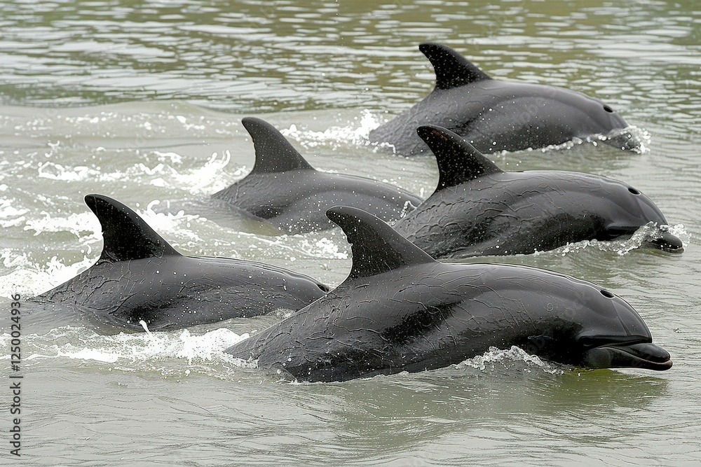 Obraz premium A group of dolphins swimming together, showcasing their playful nature and sleek bodies in a water environment.
