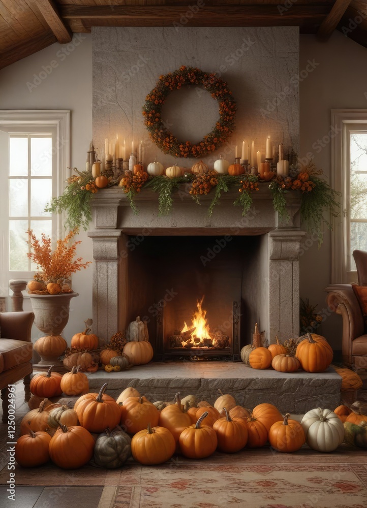 Obraz premium A warm and inviting living room with a large fireplace, decorated with seasonal items like pumpkins and cornucopias, comfort, family gathering