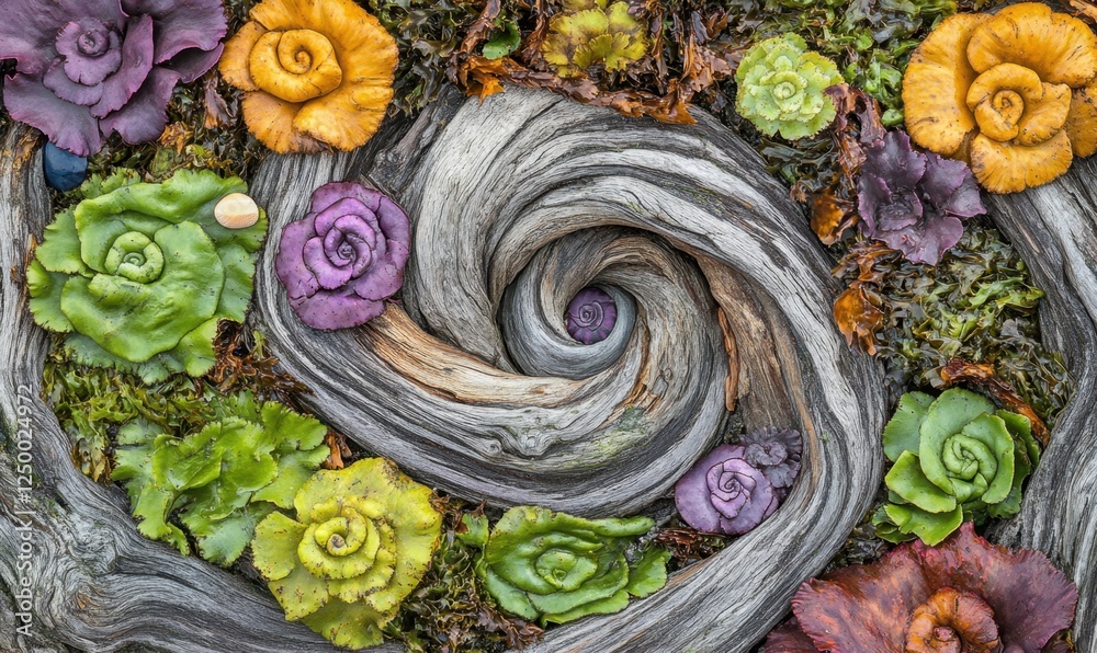 Obraz premium Spiral wood art with colorful succulents, moss, garden, nature, decoration