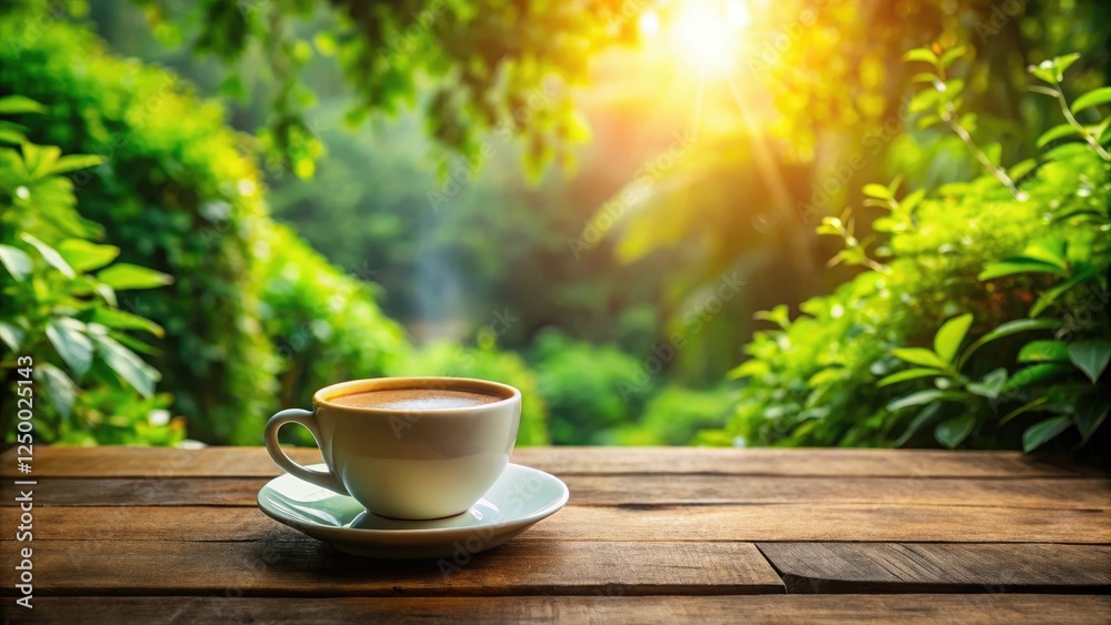 A warm cup of coffee sits on a wooden table surrounded by lush greenery and soft lighting creating a cozy atmosphere, beverage, cozy, warm, coffee mug, table A warm cup of coffee sits on a wooden table surrounded by lush greenery and soft lighting creating a cozy atmosphere, beverage, cozy, warm, coffee mug, table