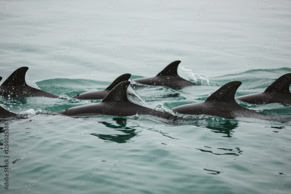 Fototapeta premium A group of dolphins swims together, their dorsal fins breaking the surface of the calm turquoise water.
