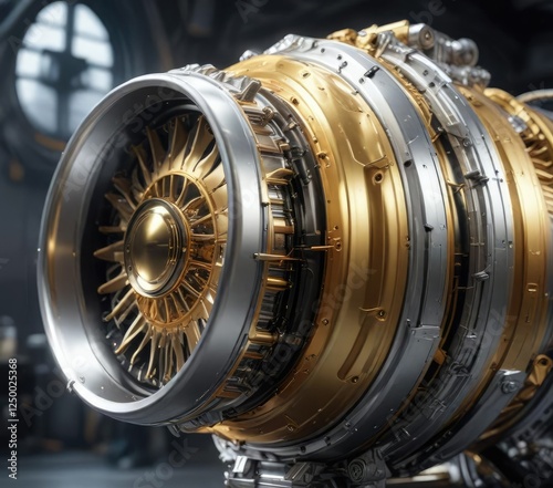 Futuristic silver and gold jet propulsion engine, futuristic, space travel
