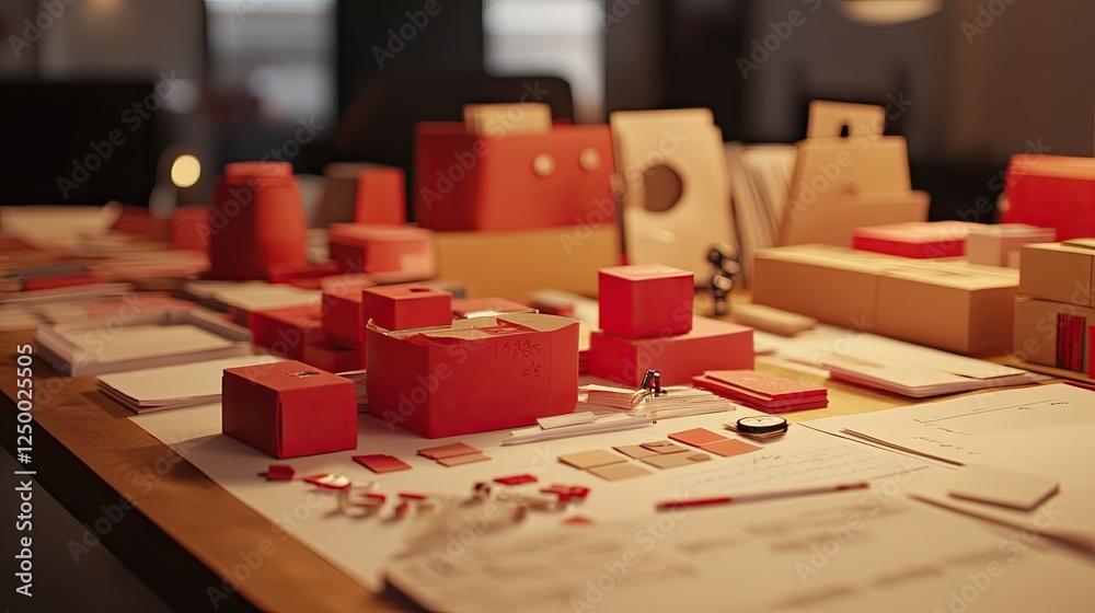 Obraz premium A table covered with packaging material swatches and cost breakdown notes.